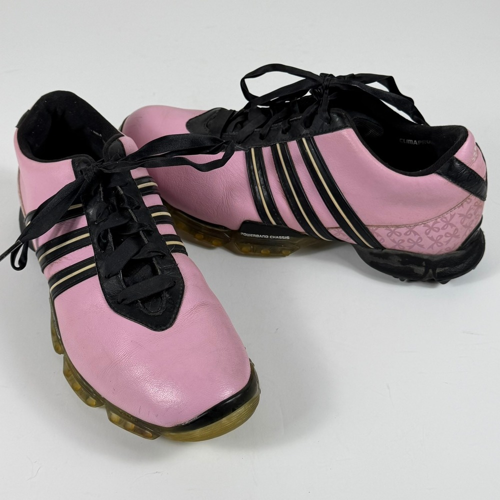 Adidas Golf Shoes Womens 8 Pink Black Leather Powerband Chassis Cleats Y2K
